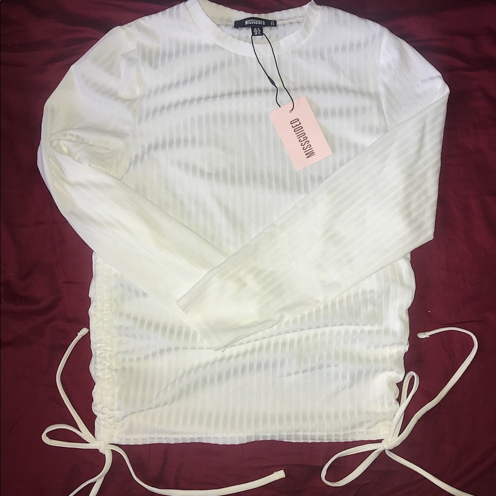 Missguided Ribbed White Long Sleeve Synched Top